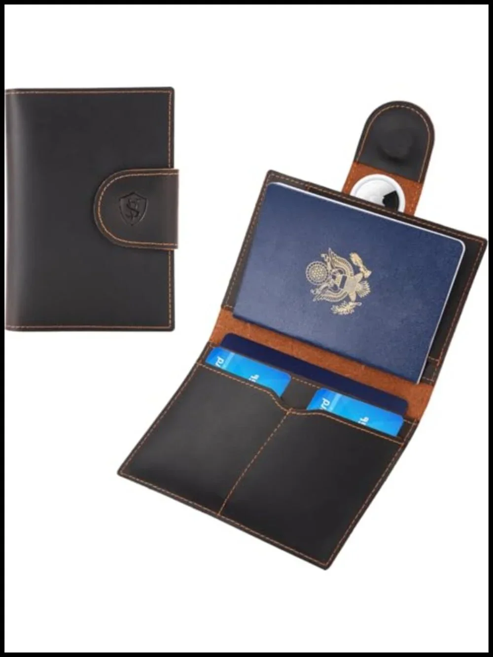 Full Grain Leather Bifold Passport Holder with RFID Blocking and AirTag Holder